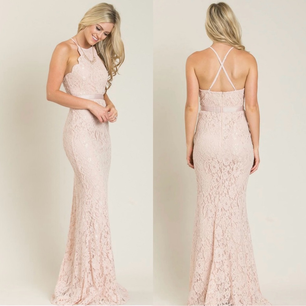 NWT MANIJU Halter Neck Blush Lace Mermaid Maxi Dress. Size S